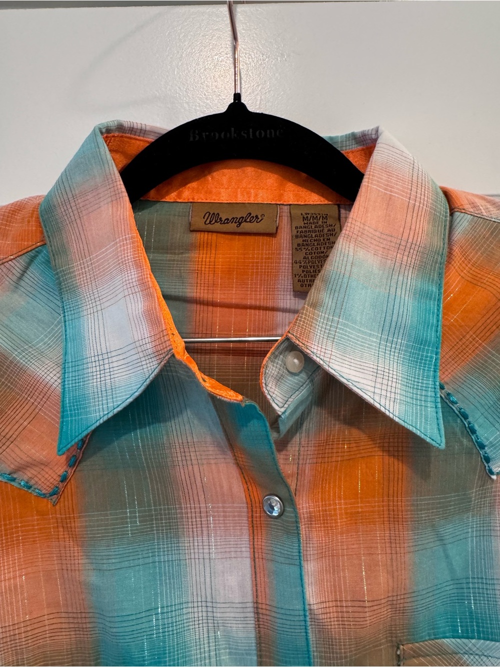 Wrangler Western Plaid Rhinestone Snap Shirt Turquoise Orange Size M - Picture 7 of 10
